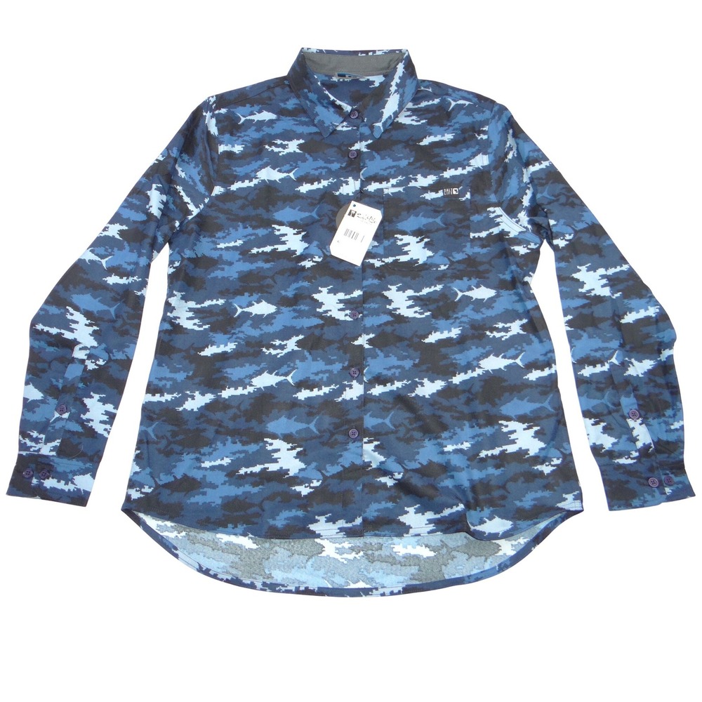 NWT-Salt Life SLX Mens Medium Blue Black Fish Camo‎ Long Sleeve Button Down